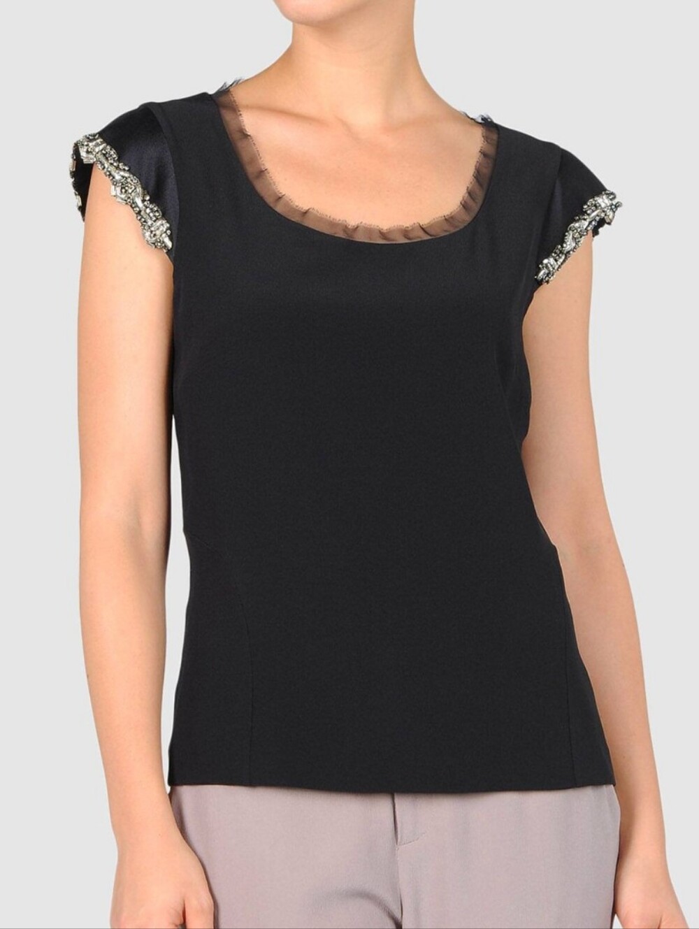 Alberta Ferretti Black Embellished Cap Sleeve Top